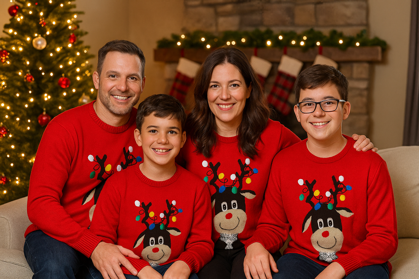 Ugly Sweater / Sueter Navideño con Reno con luces bordadas. Niños