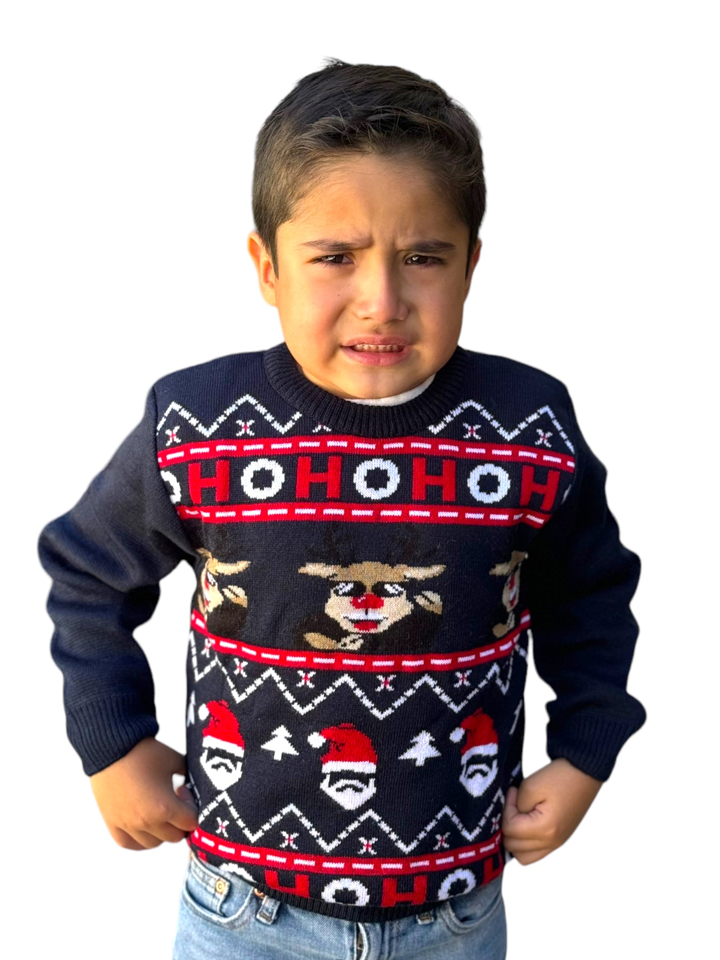 Ugly Sweater / Sueter Navideño con Reno, Santa y HoHoHo Niño