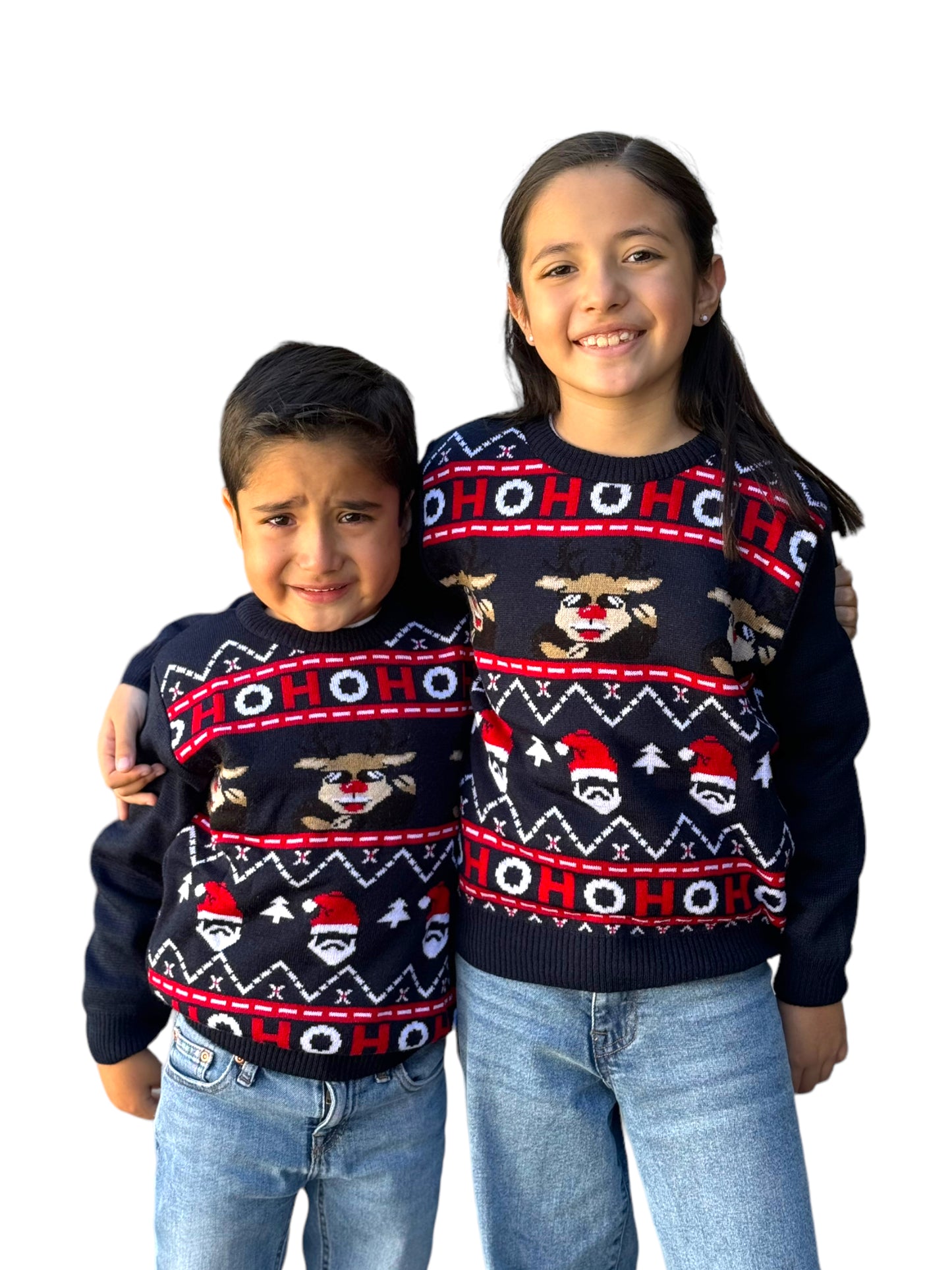 Ugly Sweater / Sueter Navideño con Reno, Santa y HoHoHo Niño