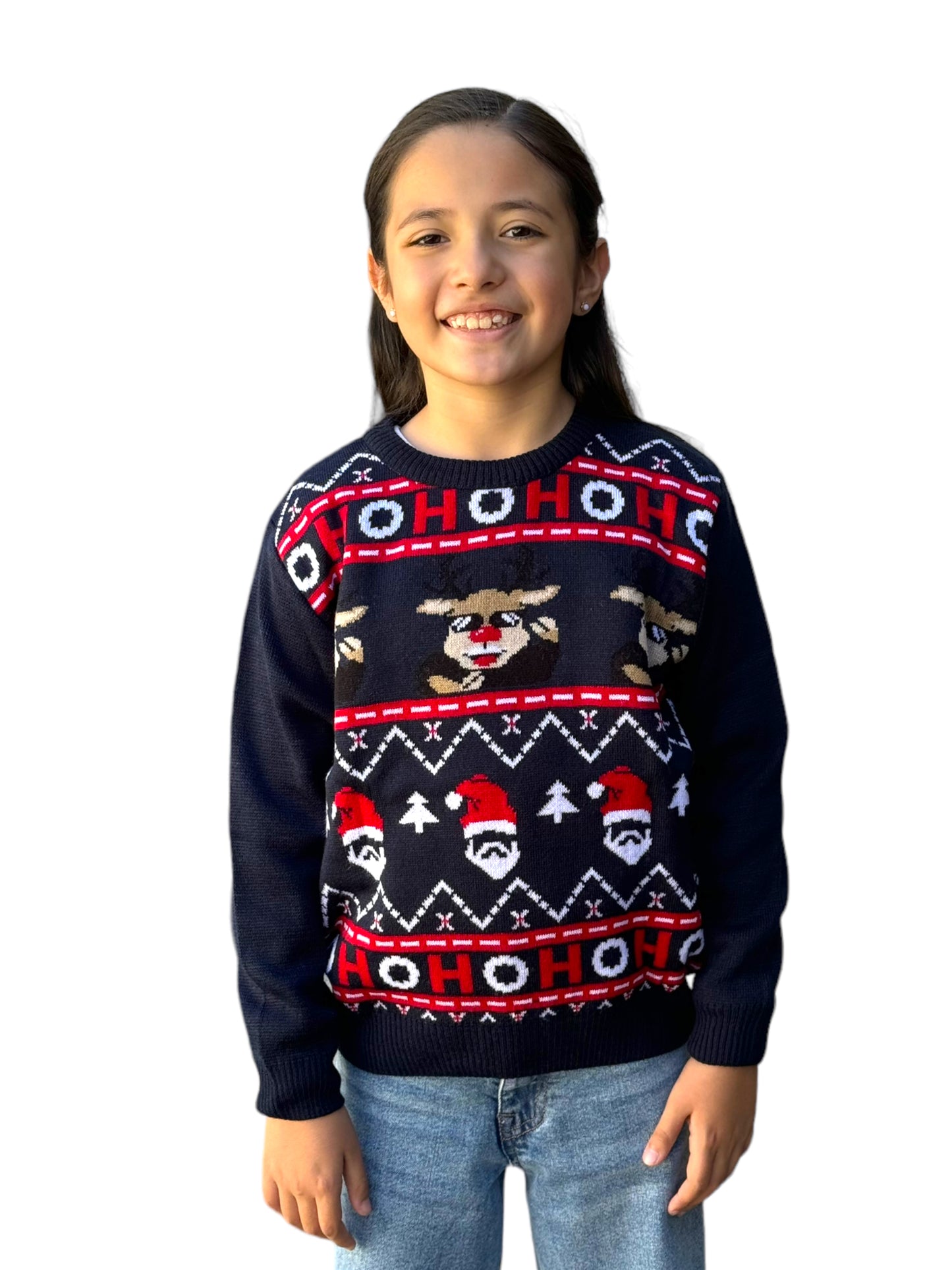 Ugly Sweater / Sueter Navideño con Reno, Santa y HoHoHo Niño