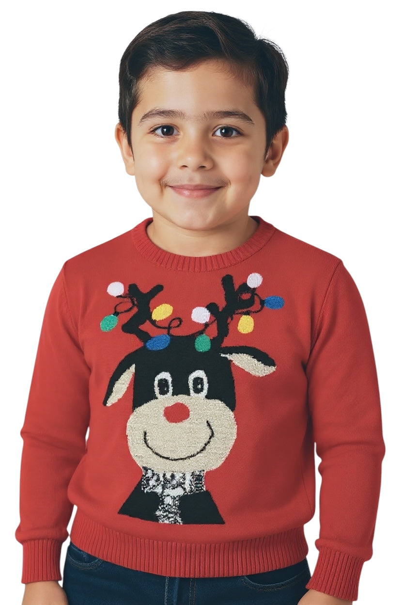 Ugly Sweater / Sueter Navideño con Reno con luces bordadas. Niños