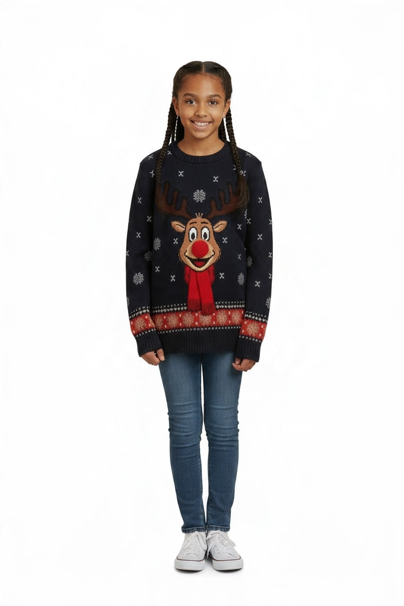 Ugly Sweater / Suéter Navideño infantil frente con reno y nariz de pompón.
