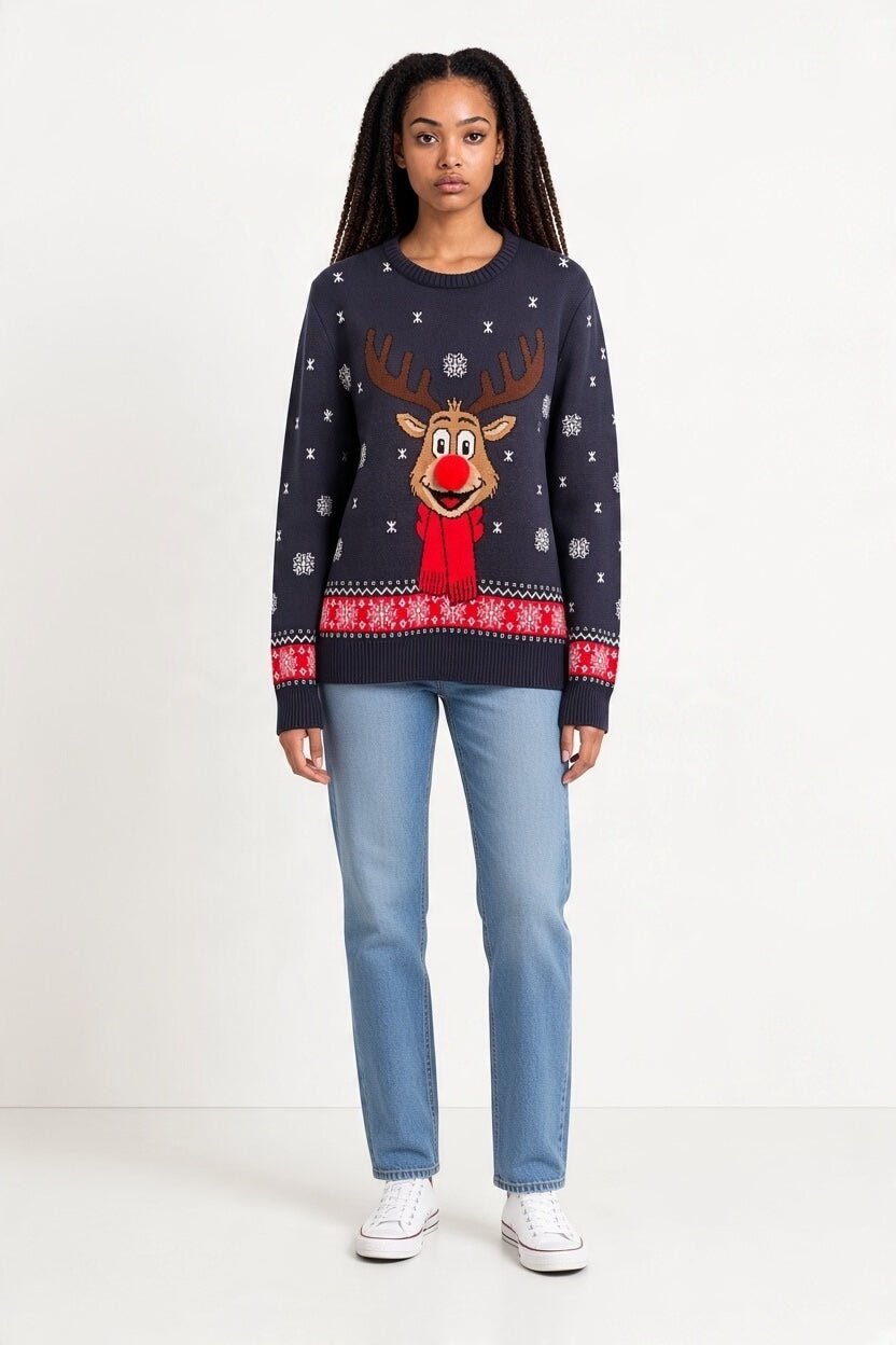 Ugly Sweater / Sueter Navideño Adulto frente con reno con bufanda y pompón.