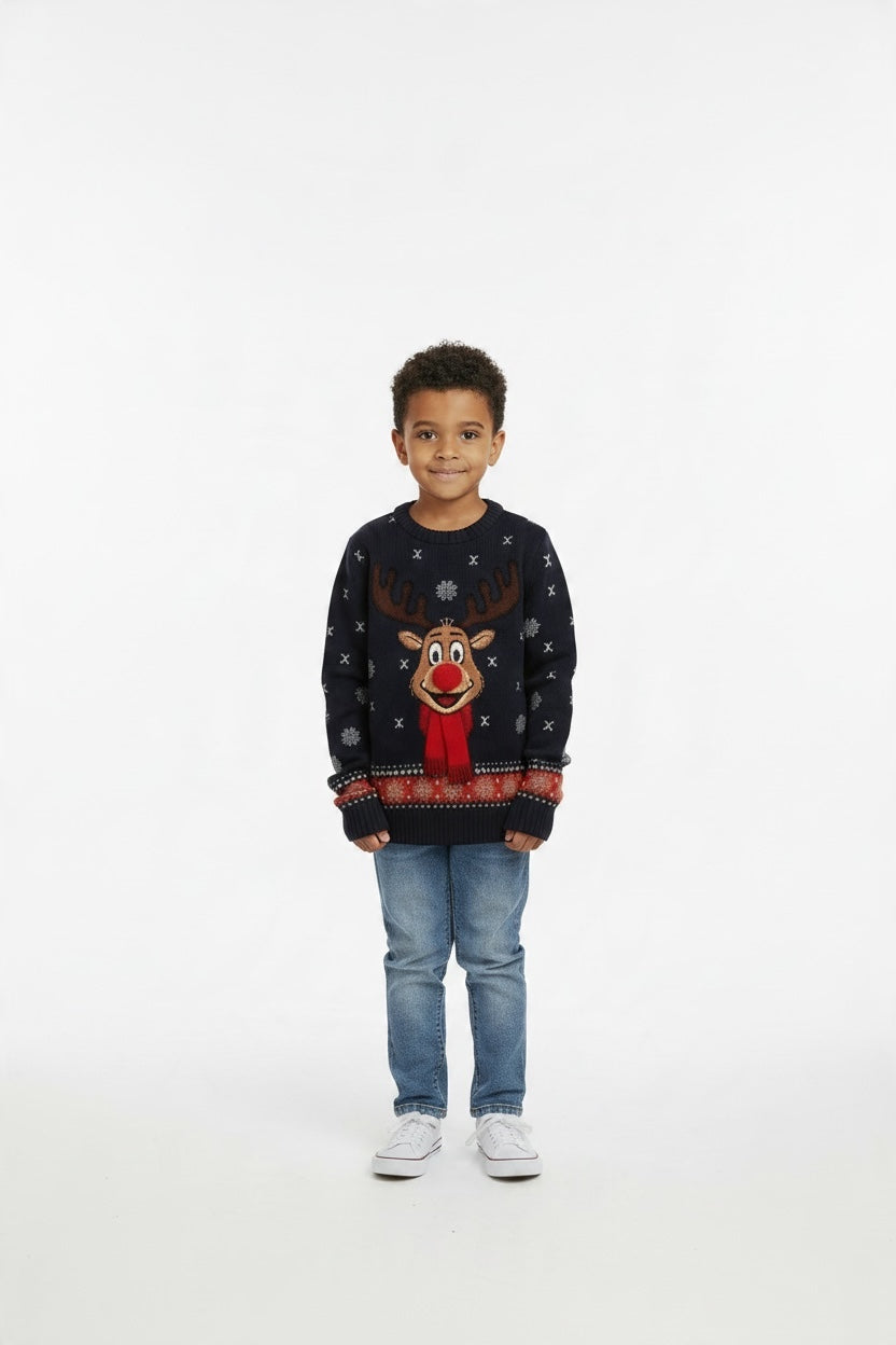 Ugly Sweater / Suéter Navideño infantil frente con reno y nariz de pompón.
