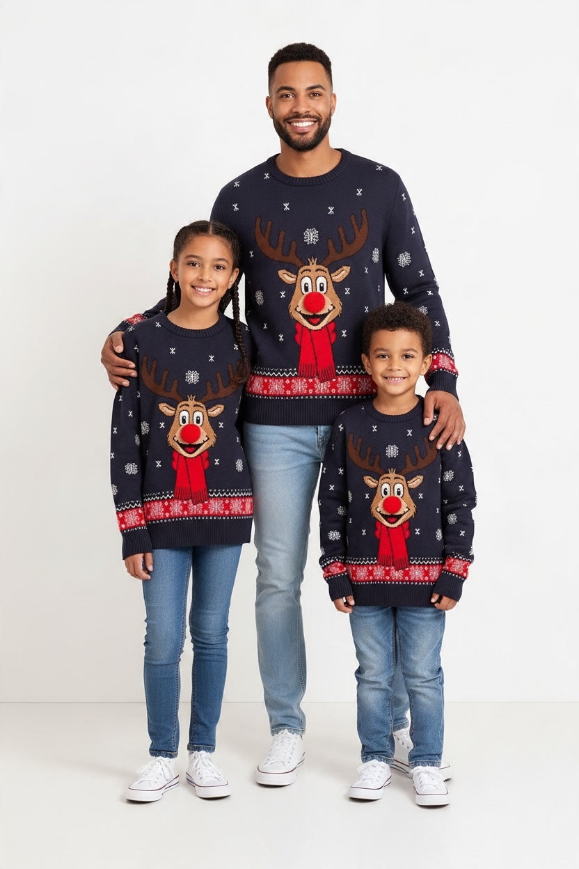 Ugly Sweater / Suéter Navideño infantil frente con reno y nariz de pompón.