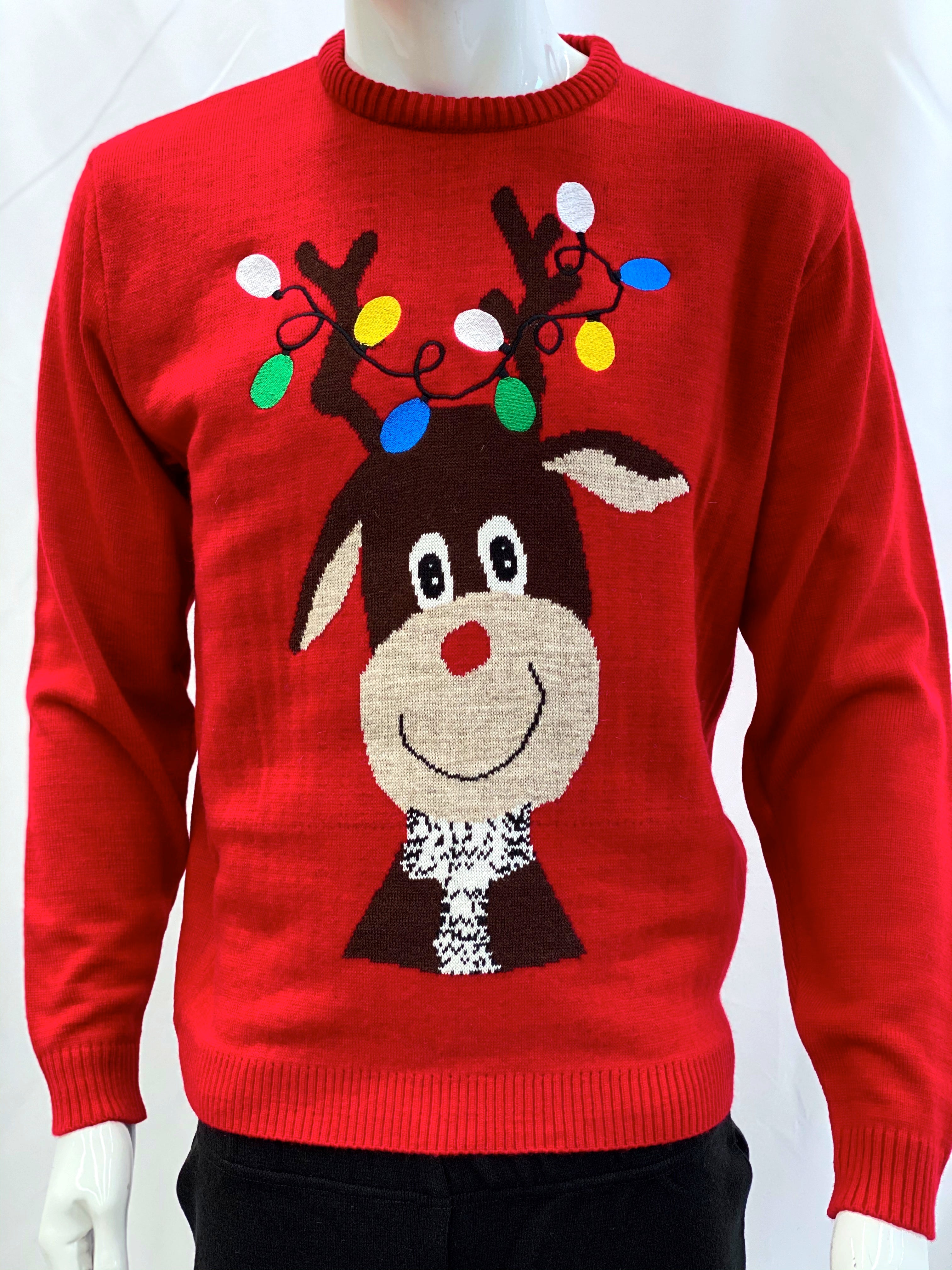 Ugly Sweater / Sueter Navideño con Reno con luces bordadas. Niños