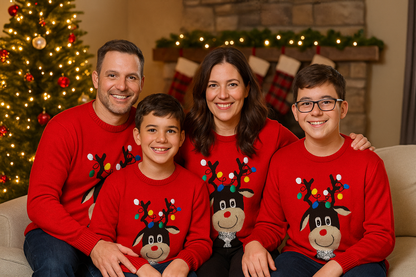 Ugly Sweater / Sueter Navideño con Reno con luces bordadas. Niños