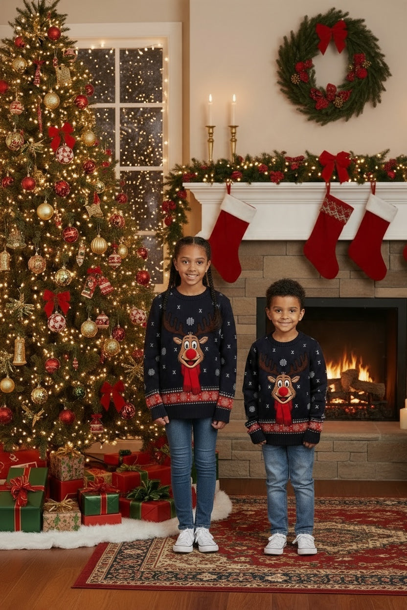 Ugly Sweater / Suéter Navideño infantil frente con reno y nariz de pompón.