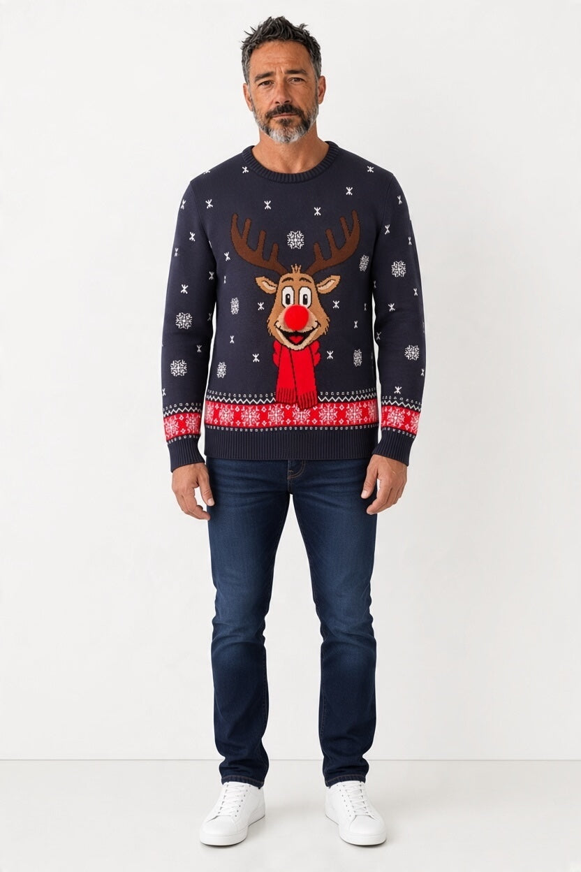 Ugly Sweater / Sueter Navideño Adulto frente con reno con bufanda y pompón.