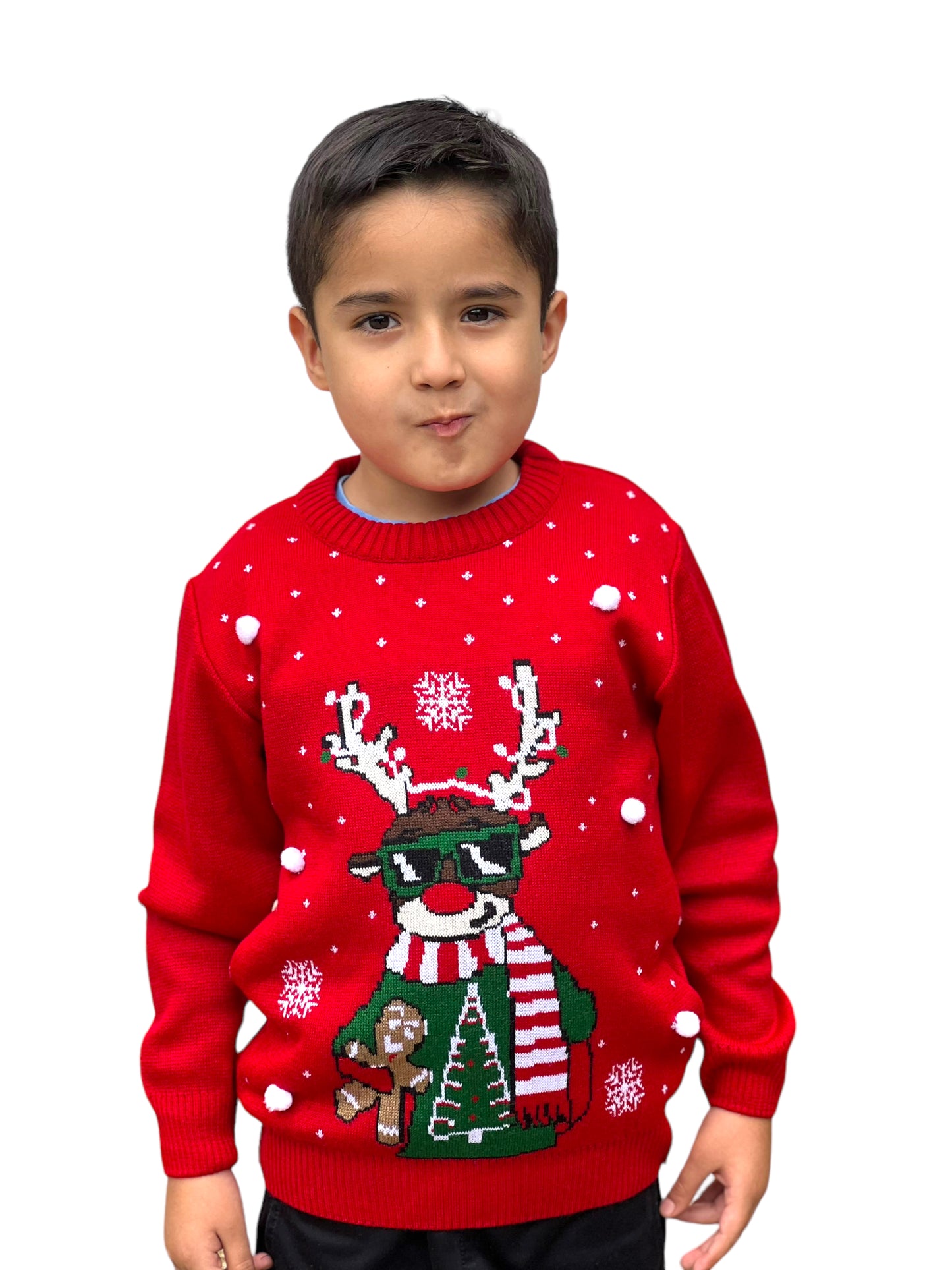 Ugly Sweater / Sueter Navideño con Reno con lentes y galleta. Niños