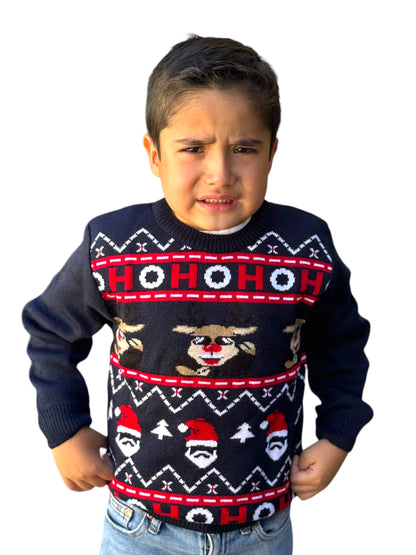 Ugly Sweater / Sueter Navideño con Reno, Santa y HoHoHo Niño