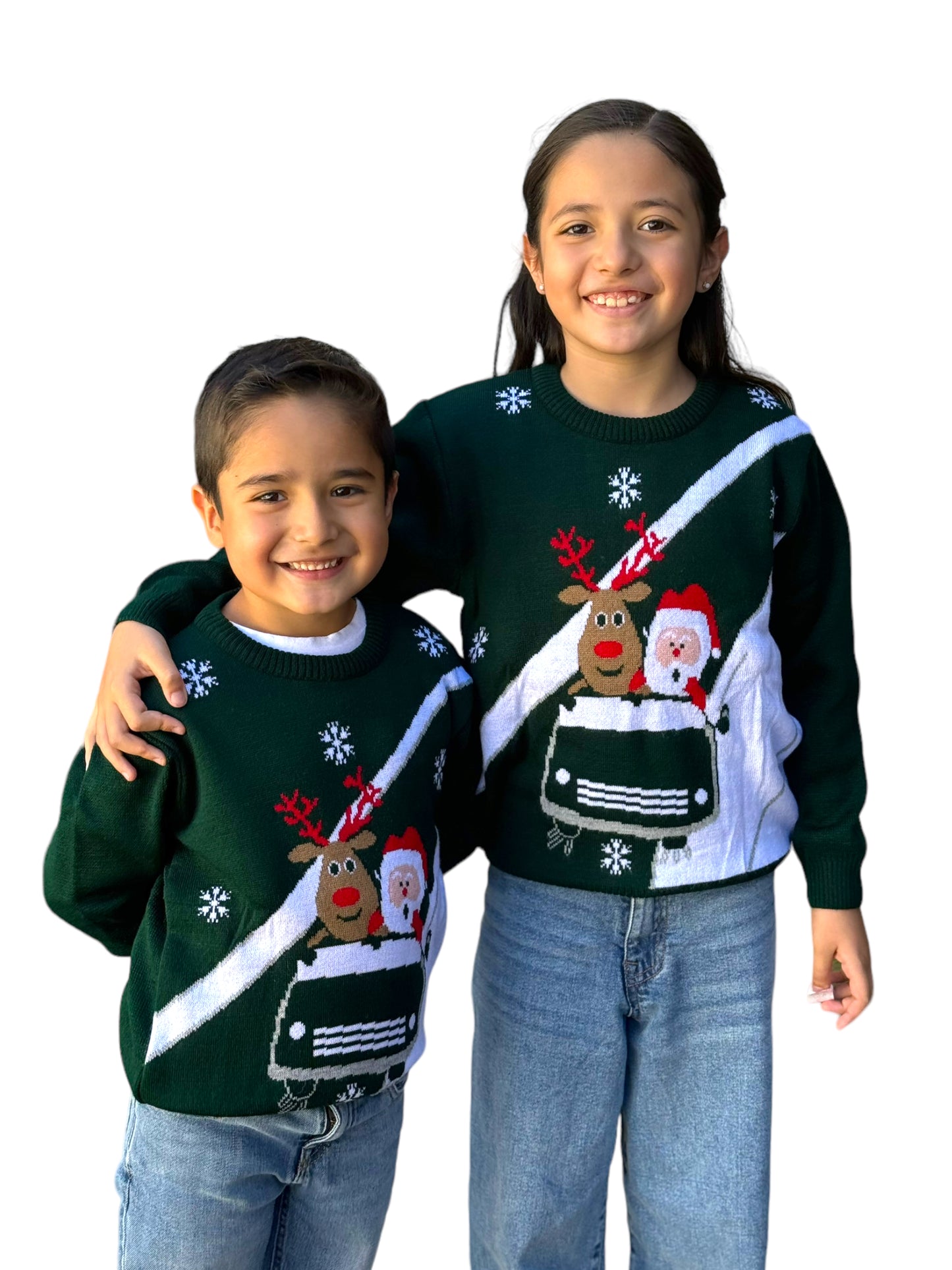 Ugly Sweater / Sueter Navideño con Santa y Reno en Carrito.
