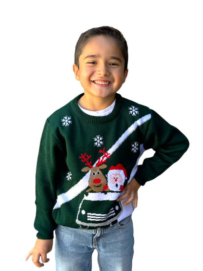 Ugly Sweater / Sueter Navideño con Santa y Reno en Carrito.