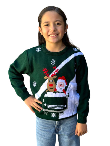 Ugly Sweater / Sueter Navideño con Santa y Reno en Carrito.