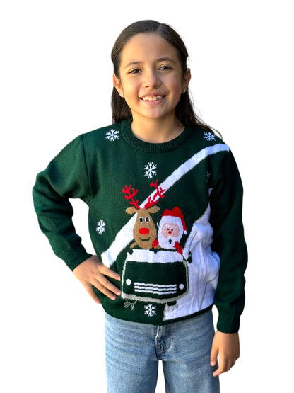 Ugly Sweater / Sueter Navideño con Santa y Reno en Carrito.