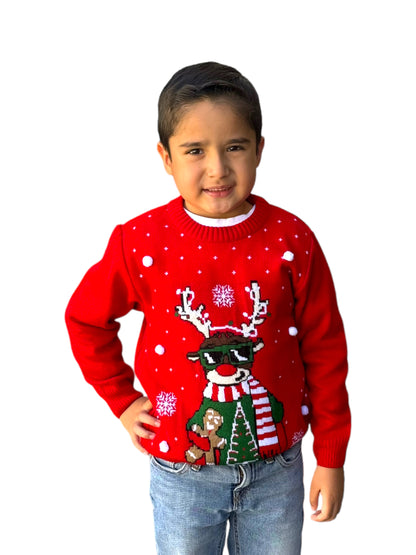 Ugly Sweater / Sueter Navideño con Reno con lentes y galleta. Niños