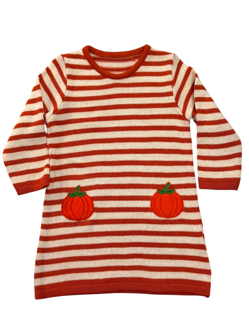 Vestido Halloween a rayas con calabacitas bordadas. Manga larga