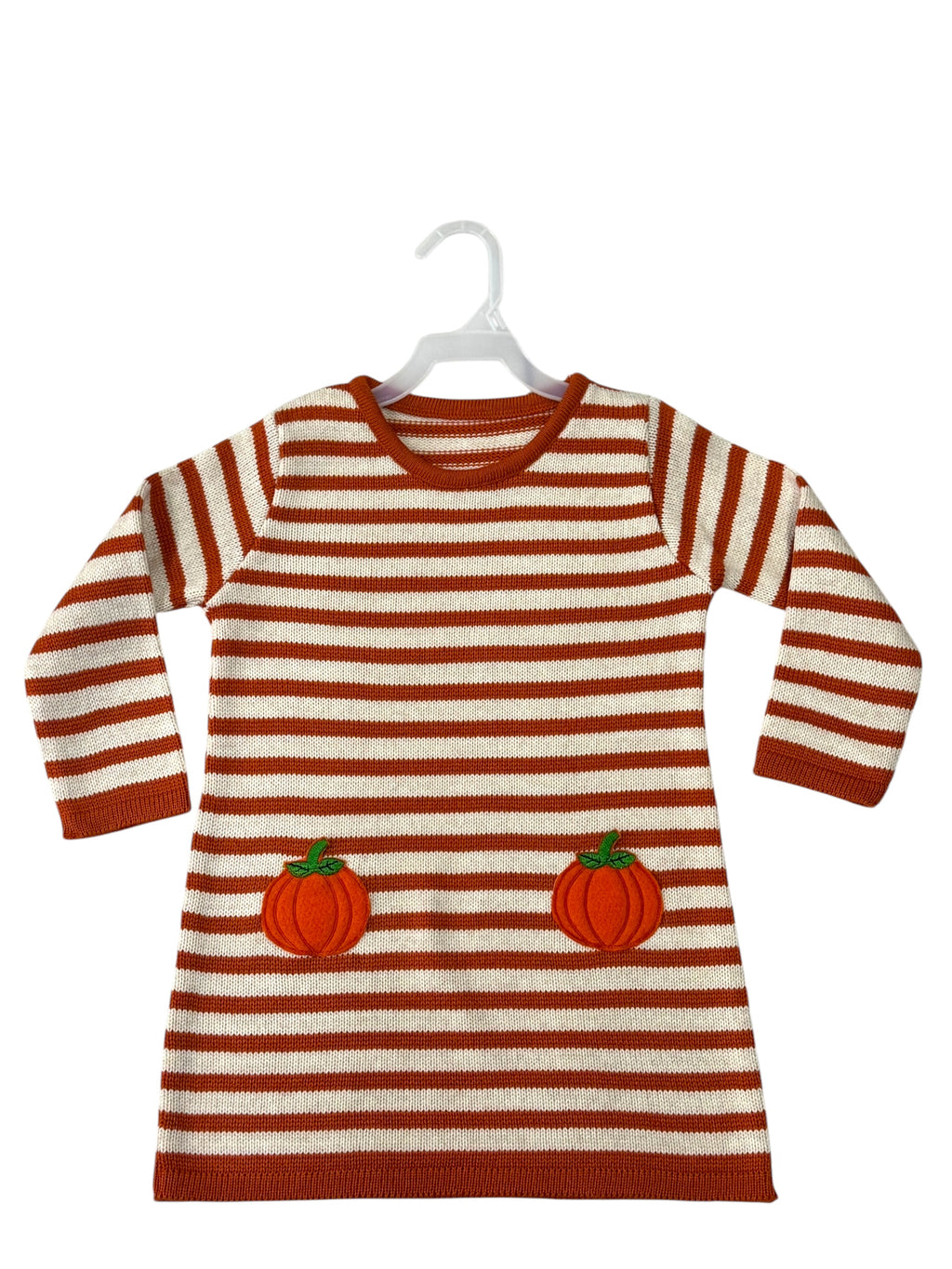 Vestido Halloween a rayas con calabacitas bordadas. Manga larga