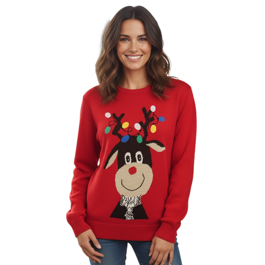 Ugly Sweater / Sueter Navideño con Reno con Luces Bordadas Adulto