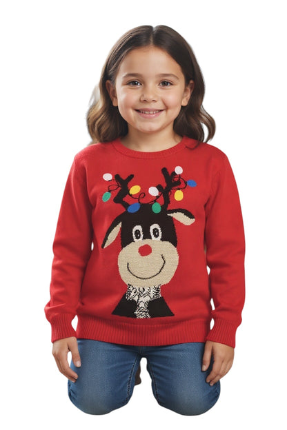 Ugly Sweater / Sueter Navideño con Reno con luces bordadas. Niños
