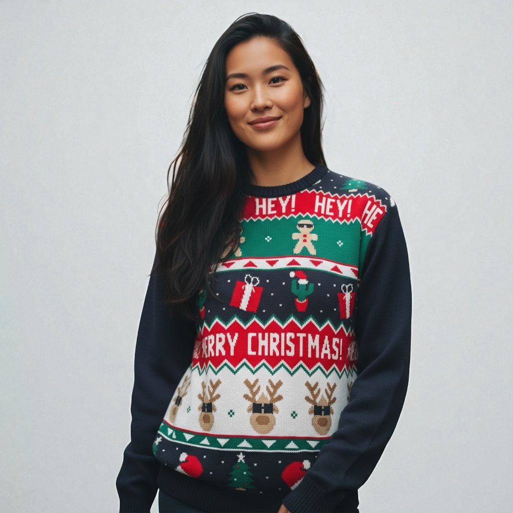 Ugly Sweater / Sueter Navideño Adulto con Renos, Regalos y Galletas. Merry Christmas.