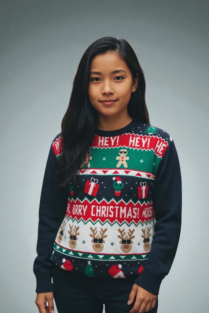 Ugly Sweater / Sueter Navideño Infantil con Renos, Regalos y Galletas. Merry Christmas.