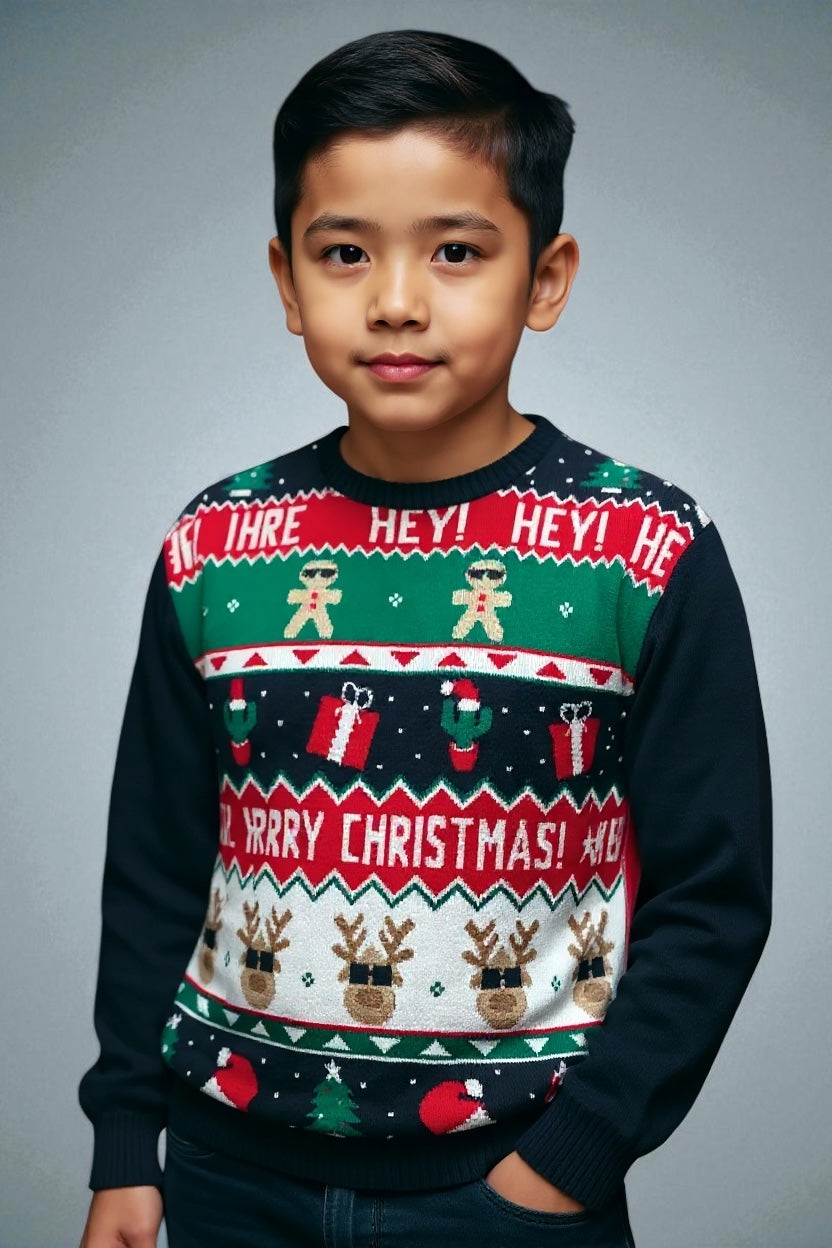 Ugly Sweater / Sueter Navideño Infantil con Renos, Regalos y Galletas. Merry Christmas.