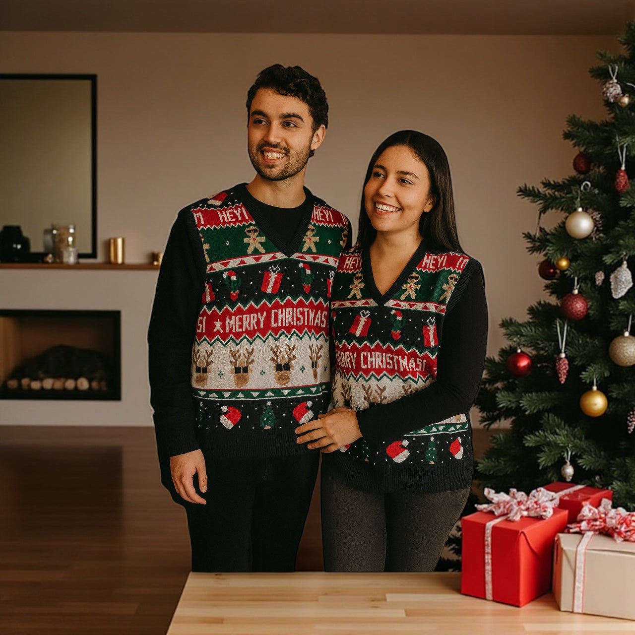 Ugly Sweater / Chaleco Navideño Adulto con Renos, Regalos y Galletas. Merry Christmas.