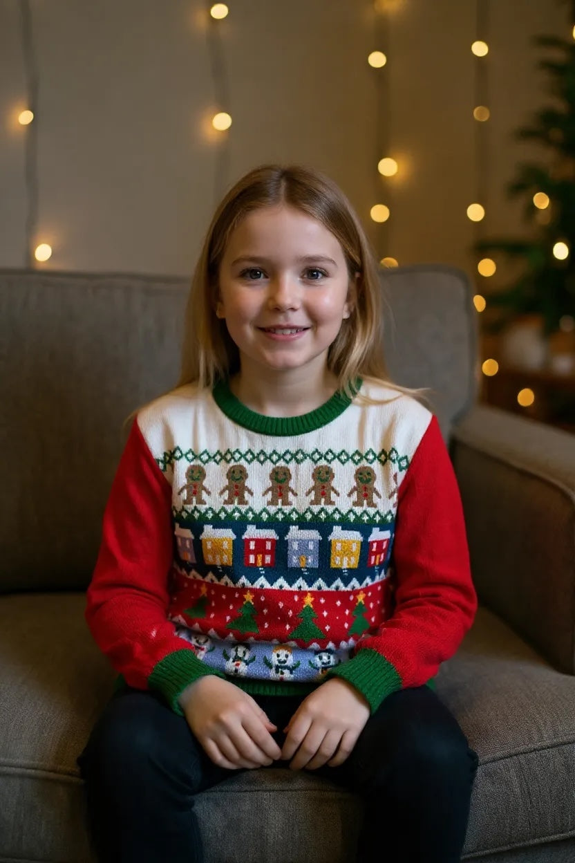 Ugly Sweater / Sueter Navideño Infantil con Muñecos de Nieve, Arbolitos, Casitas y Galletas