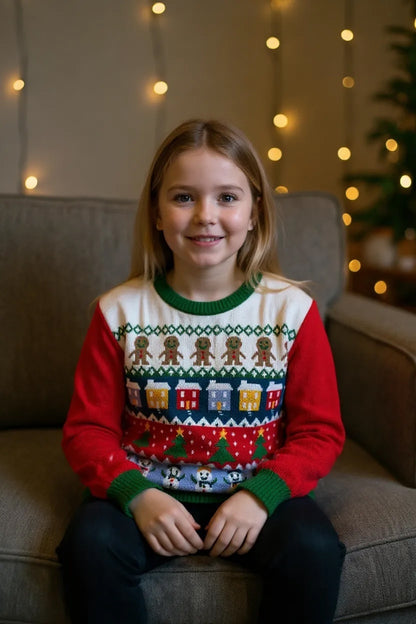 Ugly Sweater / Sueter Navideño Infantil con Muñecos de Nieve, Arbolitos, Casitas y Galletas