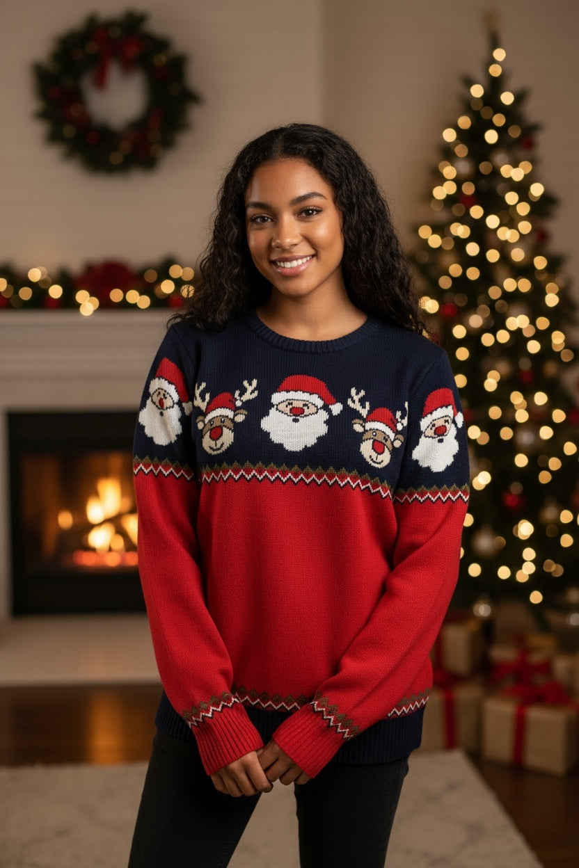 Ugly Sweater / Sueter Navideño Adulto con Senefa de Renos y Santas.