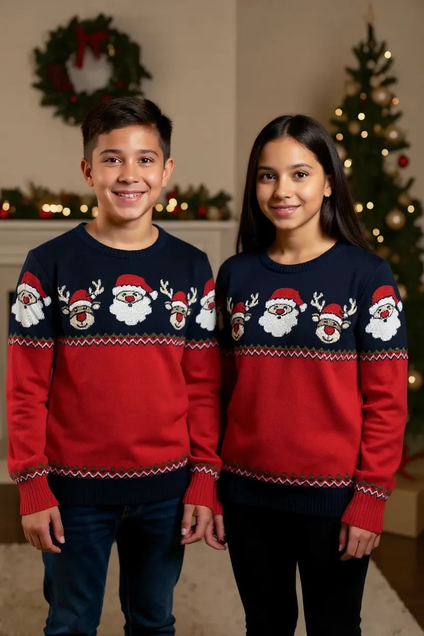 Ugly Sweater / Sueter Navideño Niños con Senefa de Renos y Santas.
