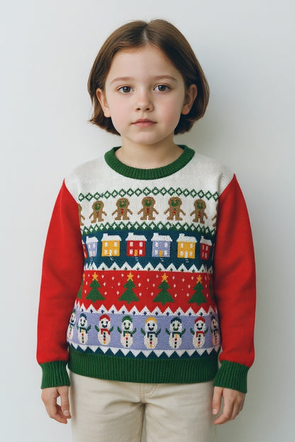 Ugly Sweater / Sueter Navideño Infantil con Muñecos de Nieve, Arbolitos, Casitas y Galletas