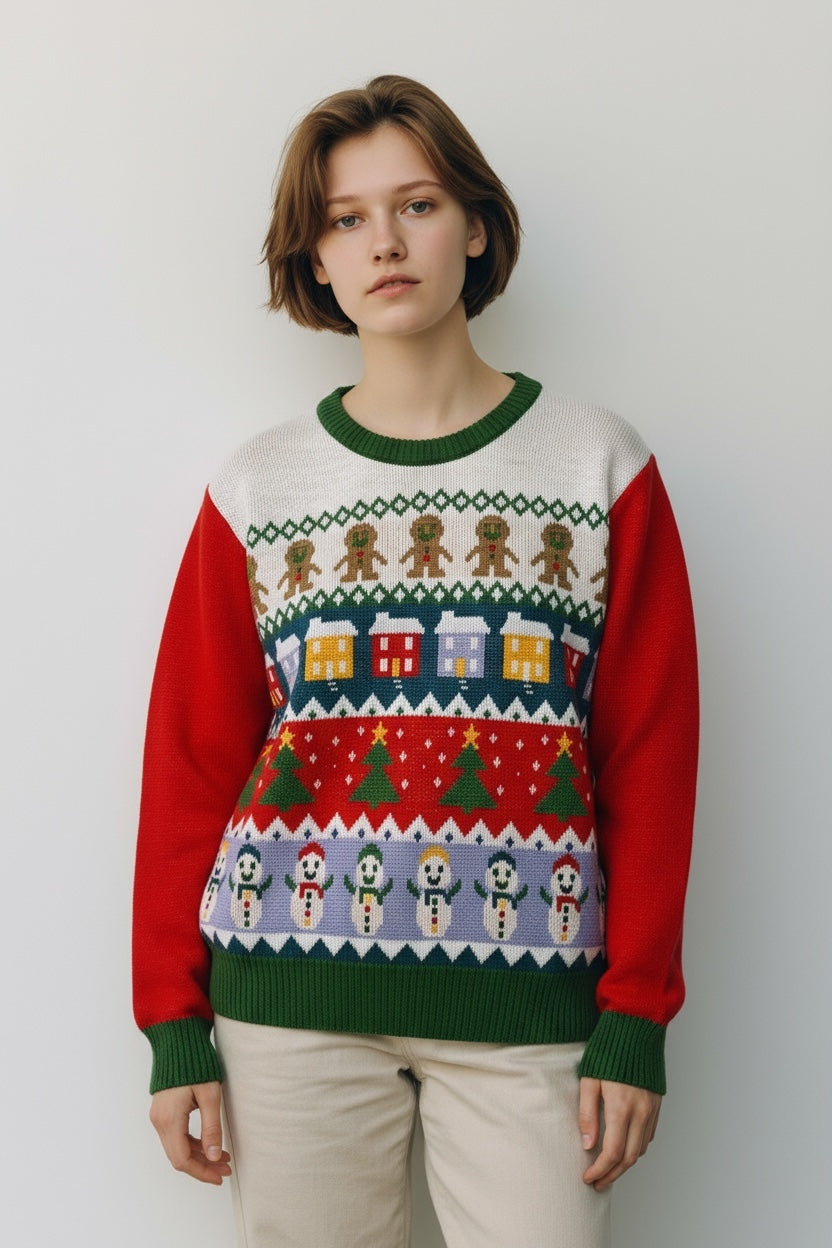 Ugly Sweater / Sueter Navideño Infantil con Muñecos de Nieve, Arbolitos, Casitas y Galletas
