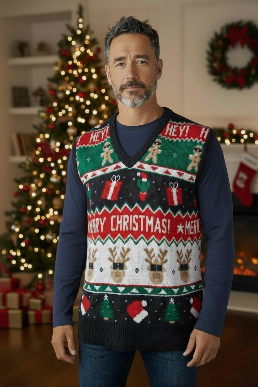 Ugly Sweater / Chaleco Navideño Adulto con Renos, Regalos y Galletas. Merry Christmas.