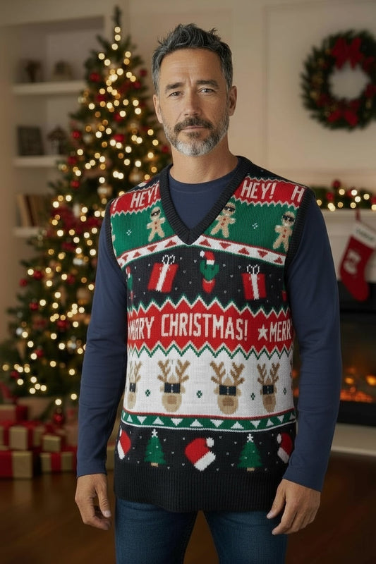 Ugly Sweater / Chaleco Navideño Adulto con Renos, Regalos y Galletas. Merry Christmas.