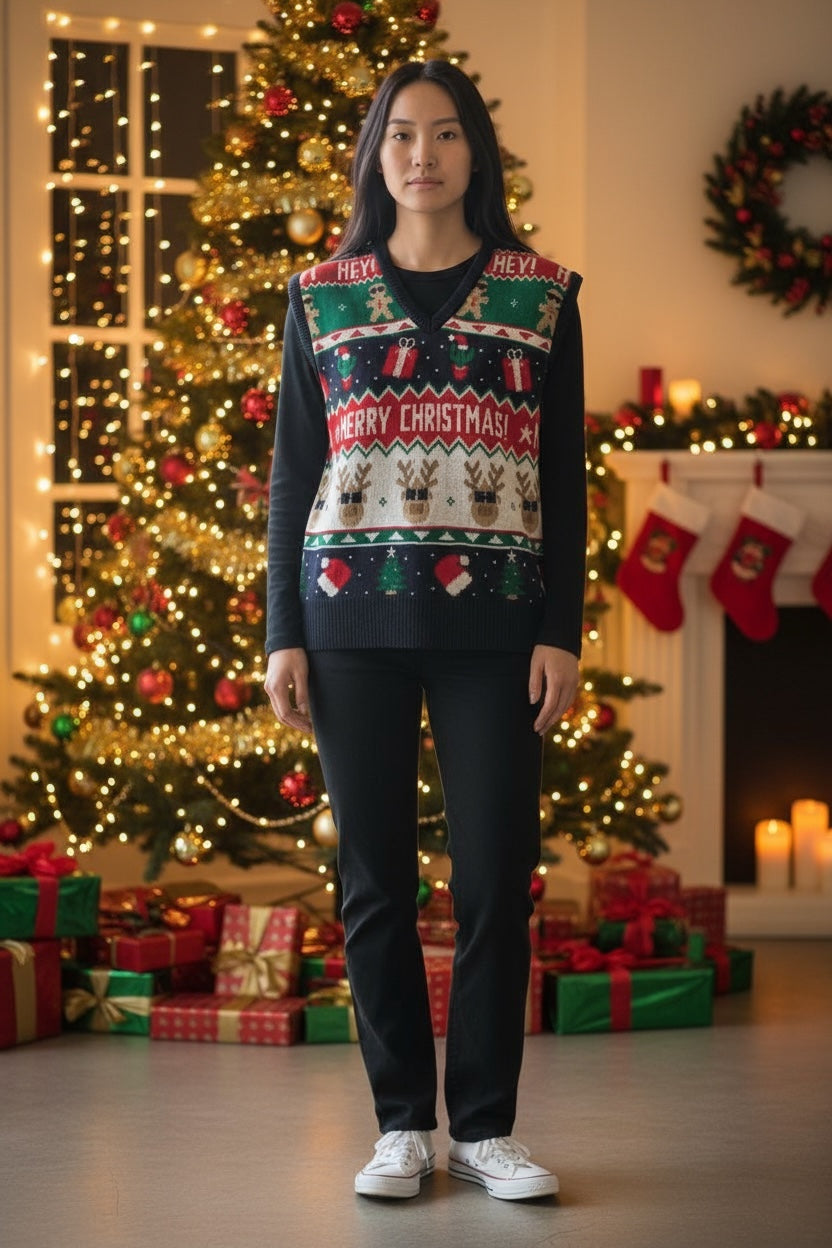 Ugly Sweater / Chaleco Navideño Adulto con Renos, Regalos y Galletas. Merry Christmas.