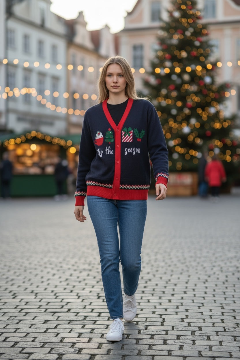 Ugly Sweater / Sueter Navideño Abierto con Cupcake, Arbolitos y Regalo