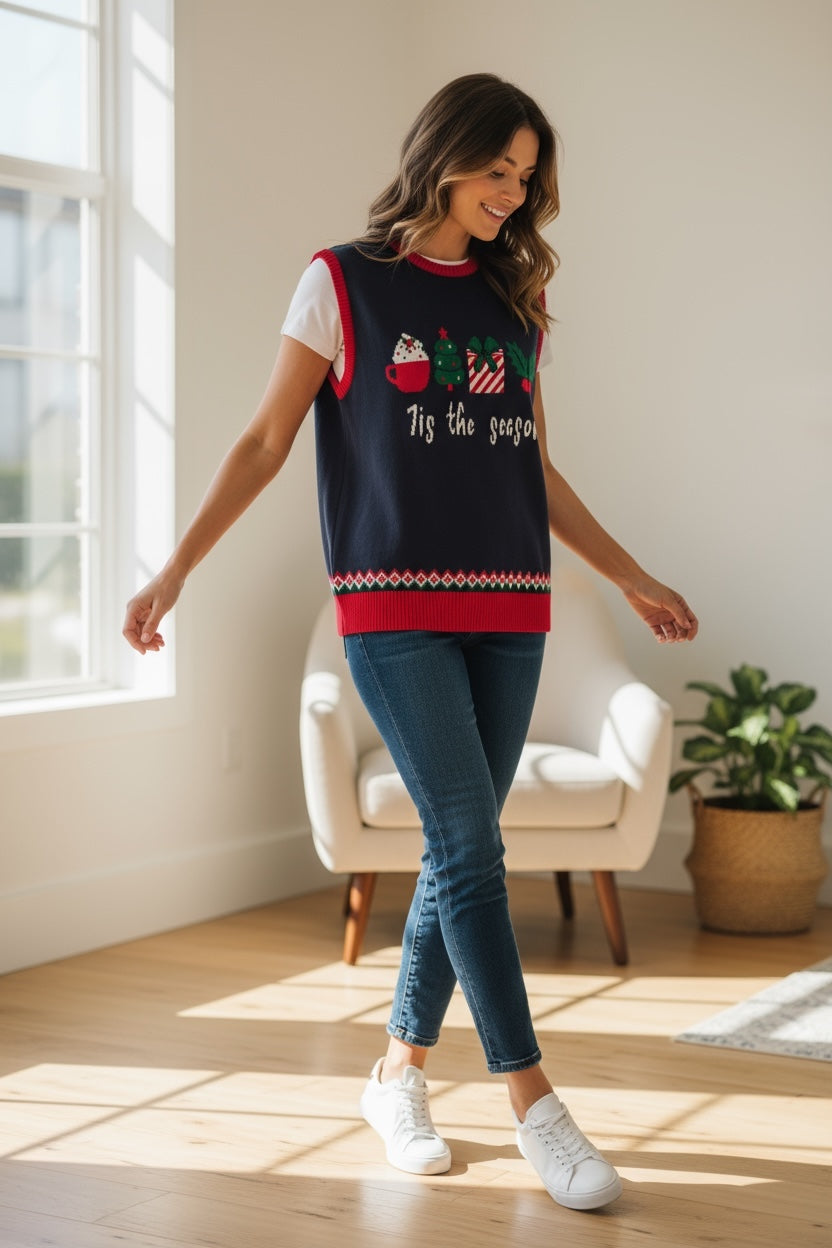 Ugly Sweater / Chaleco Navideño Adulto con Cupcake, Arbolito, Regalo y Muérdago.