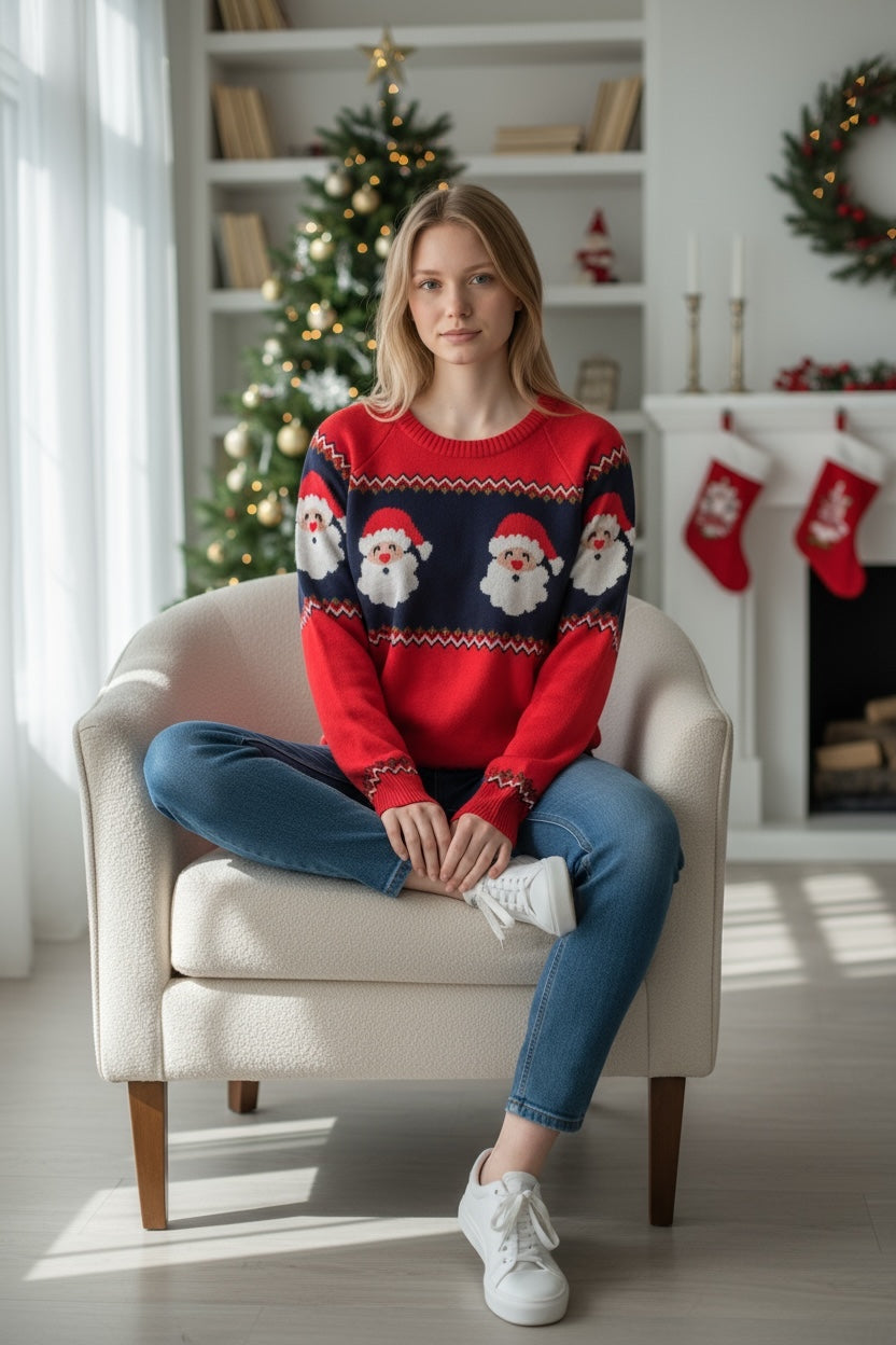 Ugly Sweater / Sueter Navideño Adulto con Senefa de Renos y Santas.