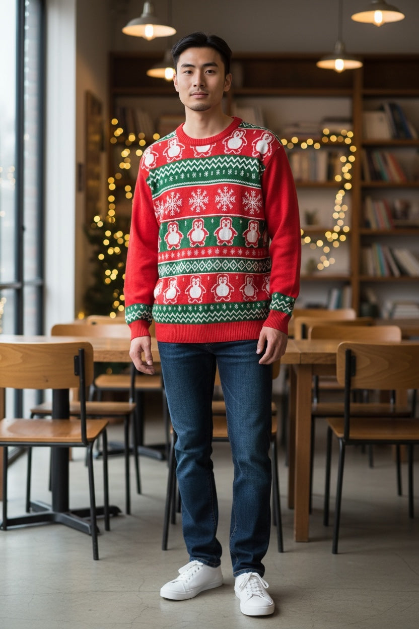 Ugly Sweater / Sueter Navideño Adulto con cenefas de copos de nieve y pingüinos