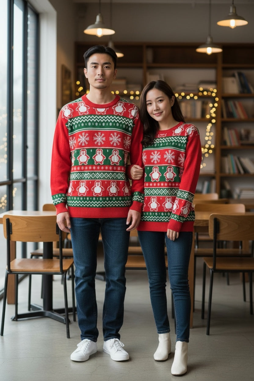 Ugly Sweater / Sueter Navideño Adulto con cenefas de copos de nieve y pingüinos