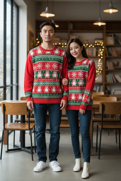 Ugly Sweater / Sueter Navideño Adulto con cenefas de copos de nieve y pingüinos