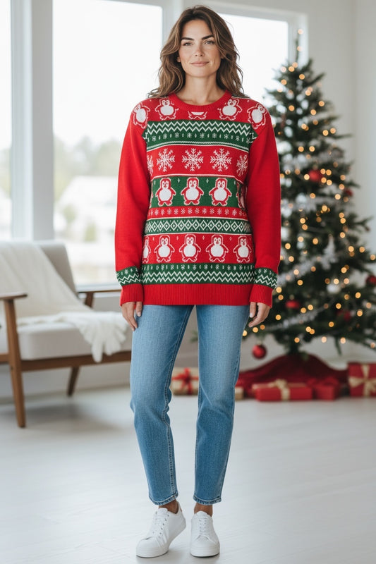 Ugly Sweater / Sueter Navideño Adulto con cenefas de copos de nieve y pingüinos