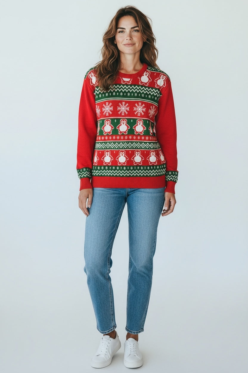 Ugly Sweater / Sueter Navideño Adulto con cenefas de copos de nieve y pingüinos