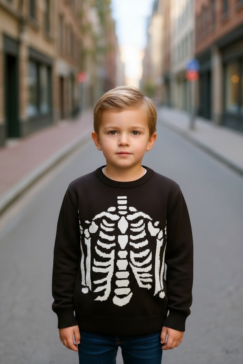 Sueter Halloween con esqueleto en pose.