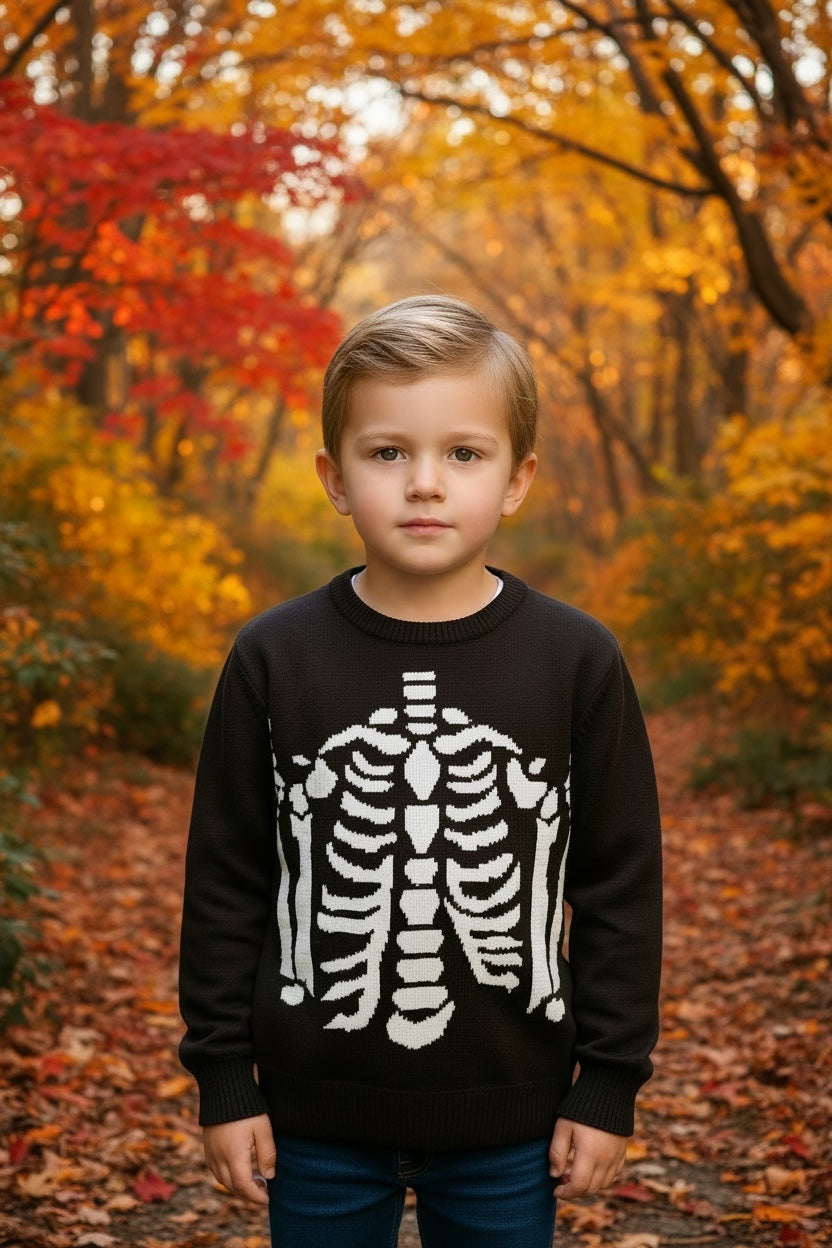 Sueter Halloween con esqueleto en pose.
