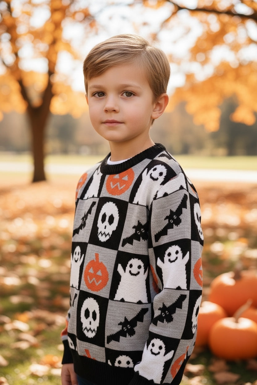 Sueter Halloween con fantasmas, murciélagos, calavera y calabaza