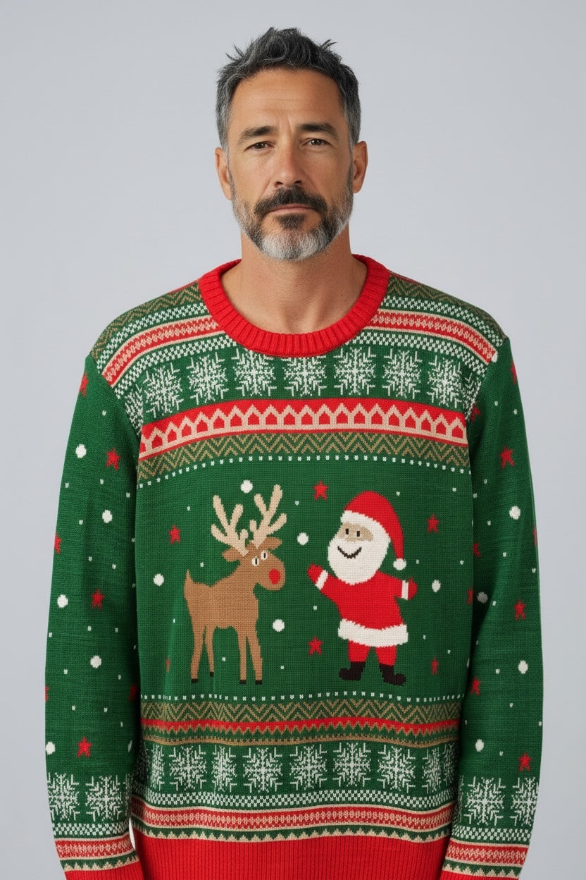 Ugly Sweater / Sueter Navideño Adulto Santa y Reno al centro.