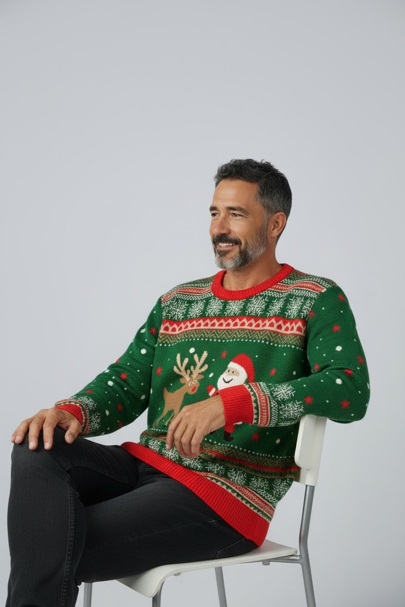 Ugly Sweater / Sueter Navideño Adulto Santa y Reno al centro.